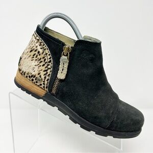 Sorel Major Low Black Leopard Print Leather Ankle Booties Size 7 Fall Comfort
